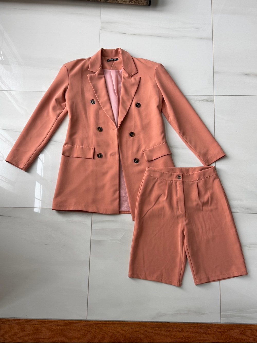 Boohoo Coral Double-Breasted Blazer and Shorts Set